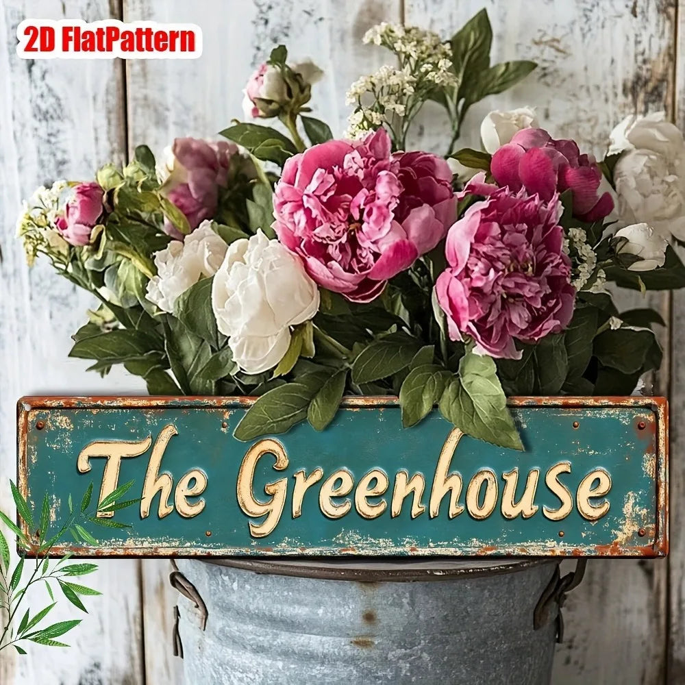Cartel de pared metálico vintage "The Greenhouse" - 16x4" Decoración rústica de jardín, regalo de cumpleaños para tienda de plantas, arte
