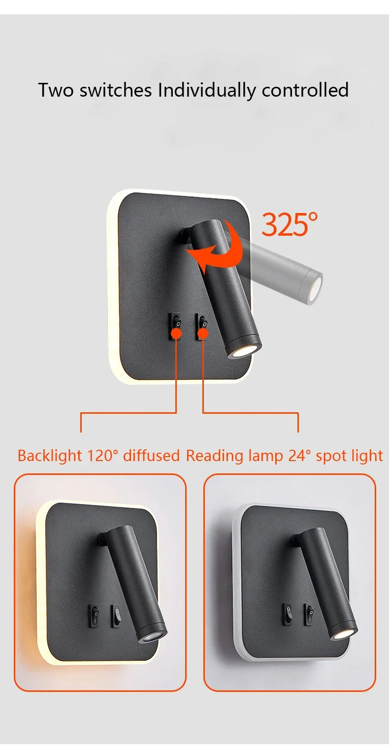 Applique Murale Moderne Minimaliste LED USB Rechargeable Lampe de Chevet Intérieure pour Chambre d'Hôtel Liseuse Applique Murale avec Interrupteur AC 90~240V