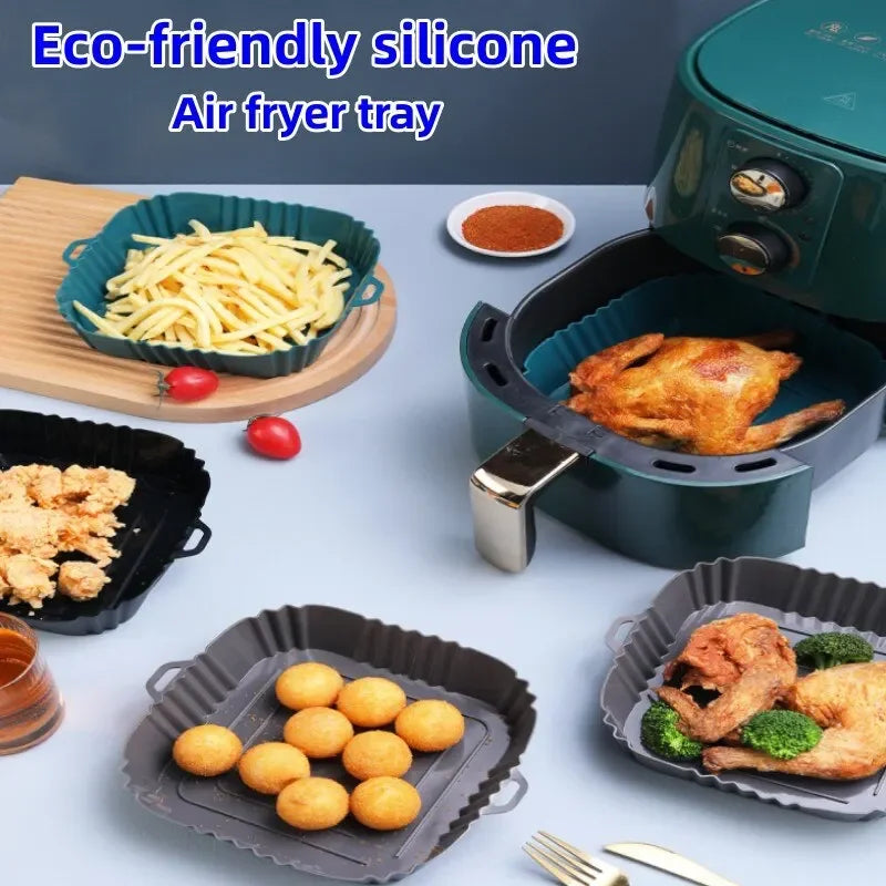 1PC Bandeja de silicona para horno de freidora de aire, bandeja de silicona para pizza de pollo frito, sartén de silicona sin aceite, accesorios para freidora de aire