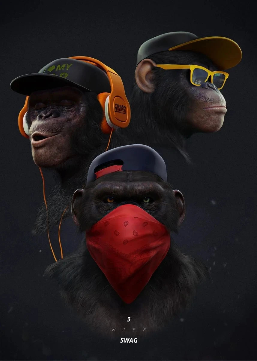Tres monos con swag, pósteres e impresiones en lienzo, pinturas de moda de monos de hip hop para pared, arte, cuadros de animales, decoración de habitación