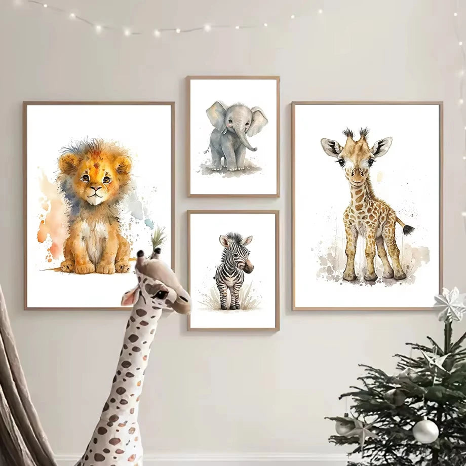 Pintura en lienzo de elefante, león, jirafa, tigre, cebra, arte de pared, carteles y grabados de animales, imágenes de pared, decoración de habitación de bebés y niños