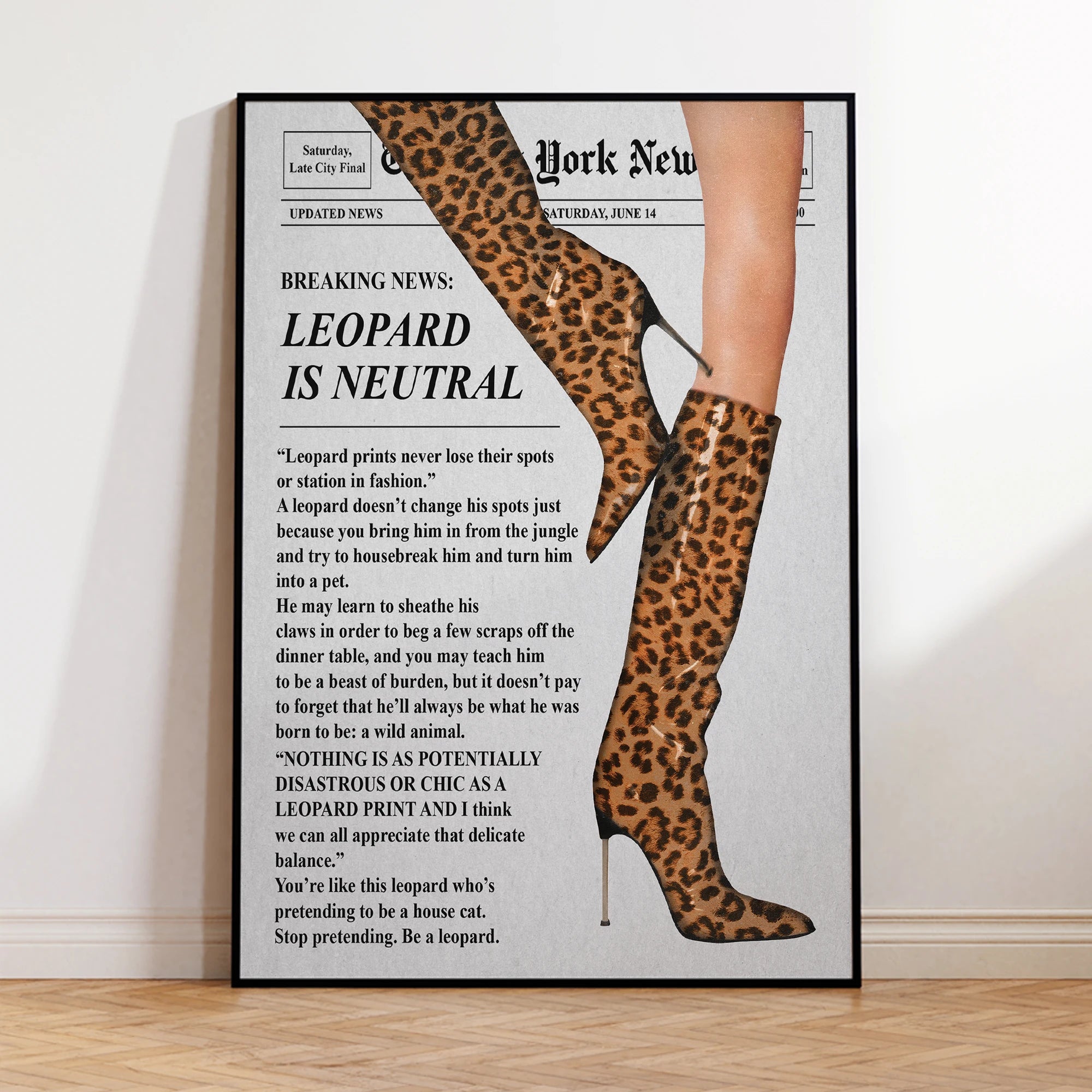 Modern Retro Newspaper Red Boots Fashion Leopard Boots Vintage Wall Art Canvas Painting Posters For Living Room Home Decor