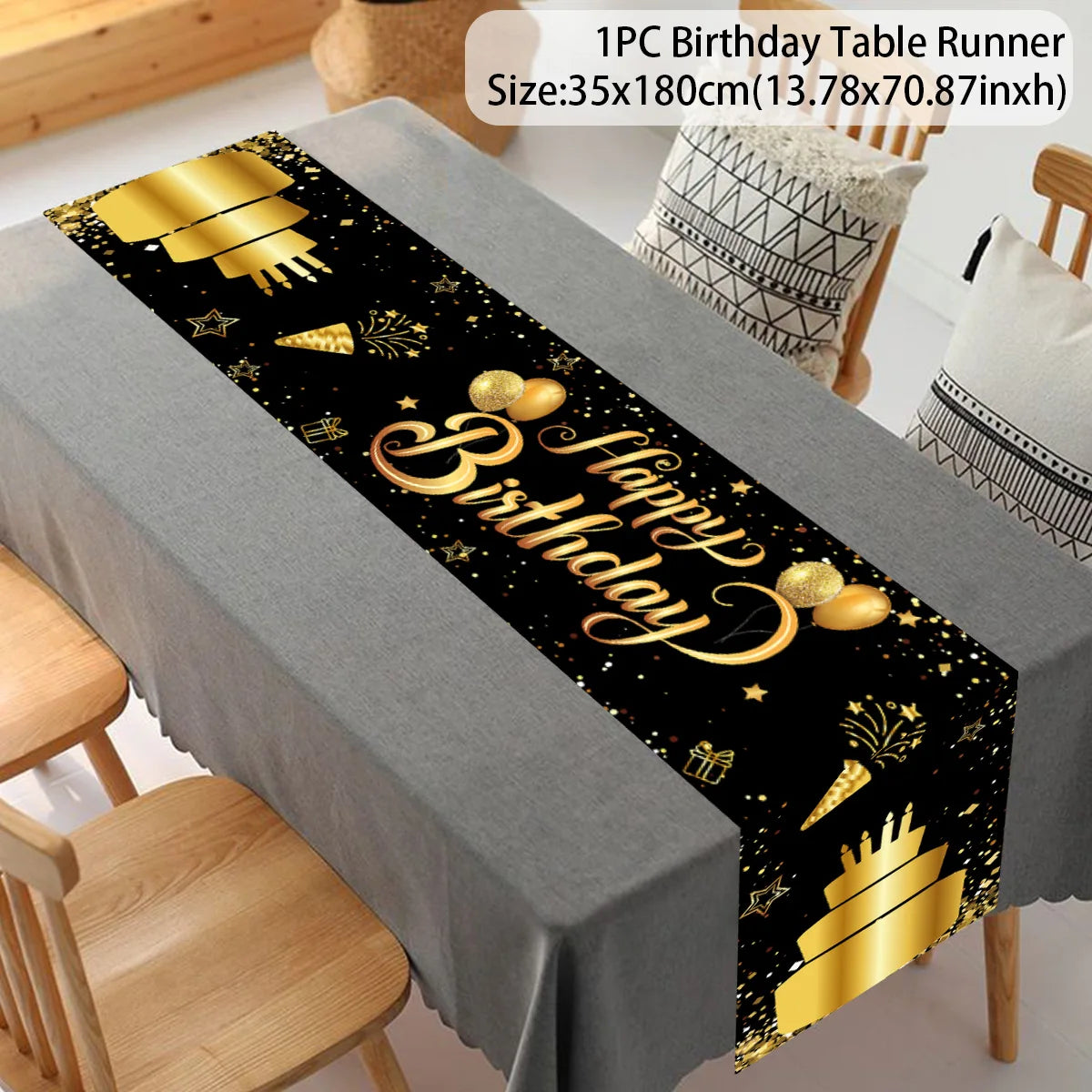 Black Gold Happy Birthday Table Runner 30th 40th 50th Birthday Party Decoration Adult  Anniversary Birthday Party Supplies