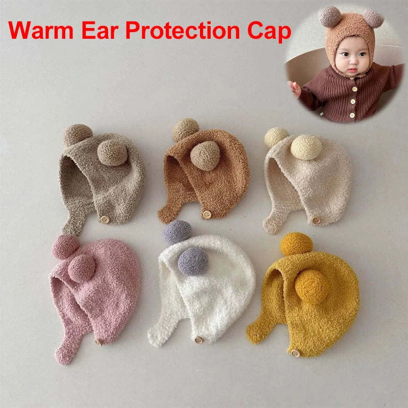 Mignons Bonnets d'Hiver Chauds pour Bébés Filles Garçons, en Polaire avec Bordure en Laine et Boule, Bonnets Solides en Laine avec Protection des Oreilles, Doux, pour Nouveau-Nés