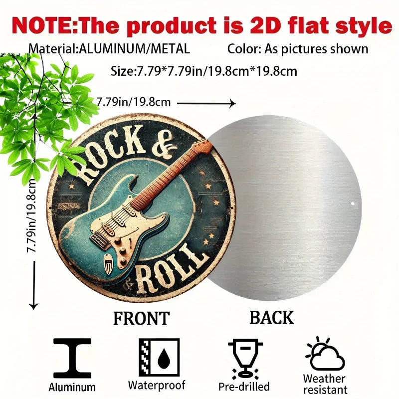 Señal de hojalata de metal de aluminio, con temática de guitarra de rock and roll, 2D PLANA, 1 pieza, arte de pared grabado en lámina para el hogar y la oficina