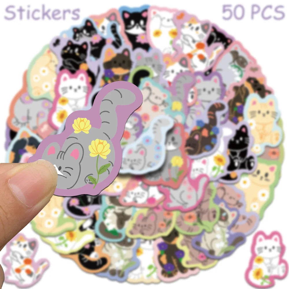 50 autocollants de dessin animé mignon chat pour ordinateur portable, scrapbooking, bagages, guitare, casque, autocollants esthétiques graffiti DIY, cadeaux créatifs
