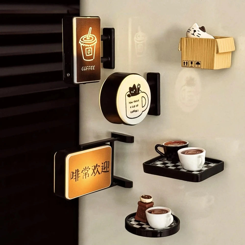 Aimant de Réfrigérateur Lumineux Coin Café Rétro Aimant de Réfrigérateur Lumineux Magnétique Décoration Lumineuse Miniature pour Magasin de Café