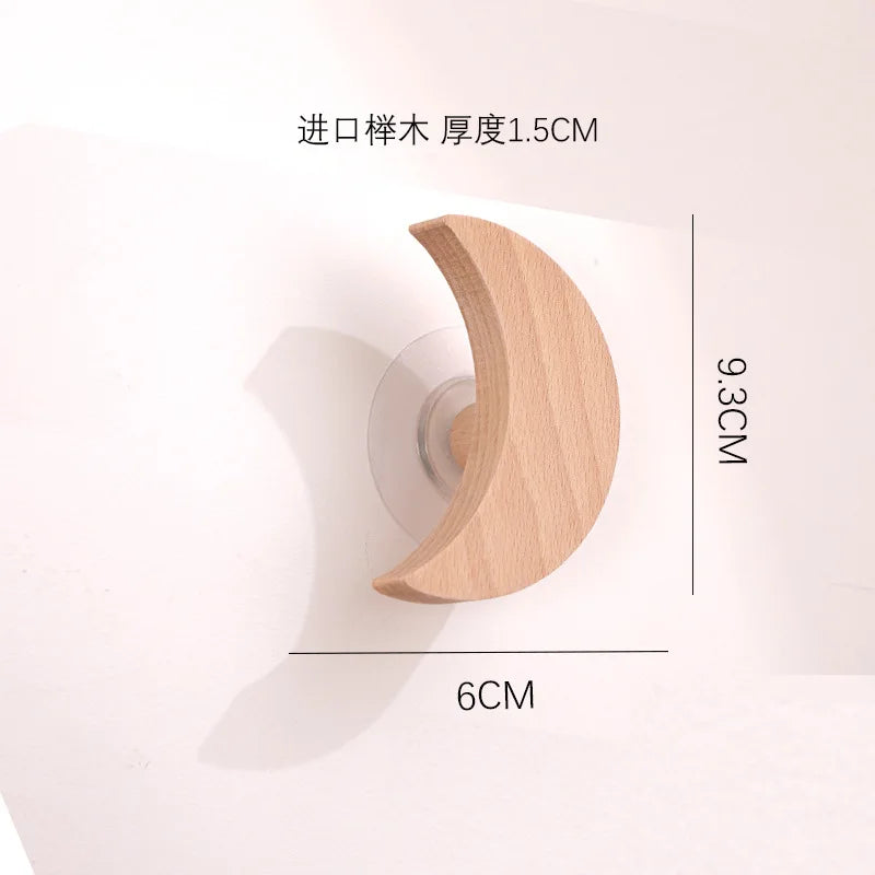 Ganchos decorativos de madera de estrella y luna. Bonitos ganchos adhesivos de pared con dibujos de animales. Llavero para la pared del hogar y decoración.