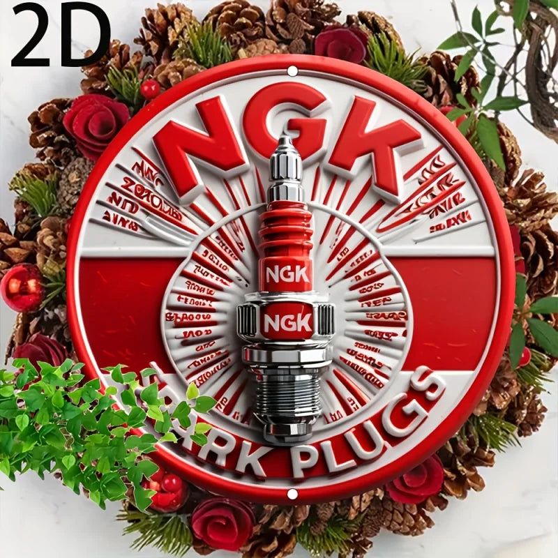 Letrero de pared de aluminio NGK Spark Plugs 2D plano, placa redonda de metal retro 2D, perforado previamente, impermeable, resistente a la intemperie