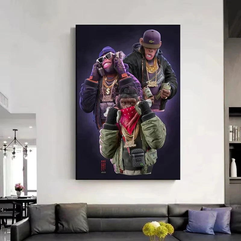 Tres monos con swag, pósteres e impresiones en lienzo, pinturas de moda de monos de hip hop para pared, arte, cuadros de animales, decoración de habitación