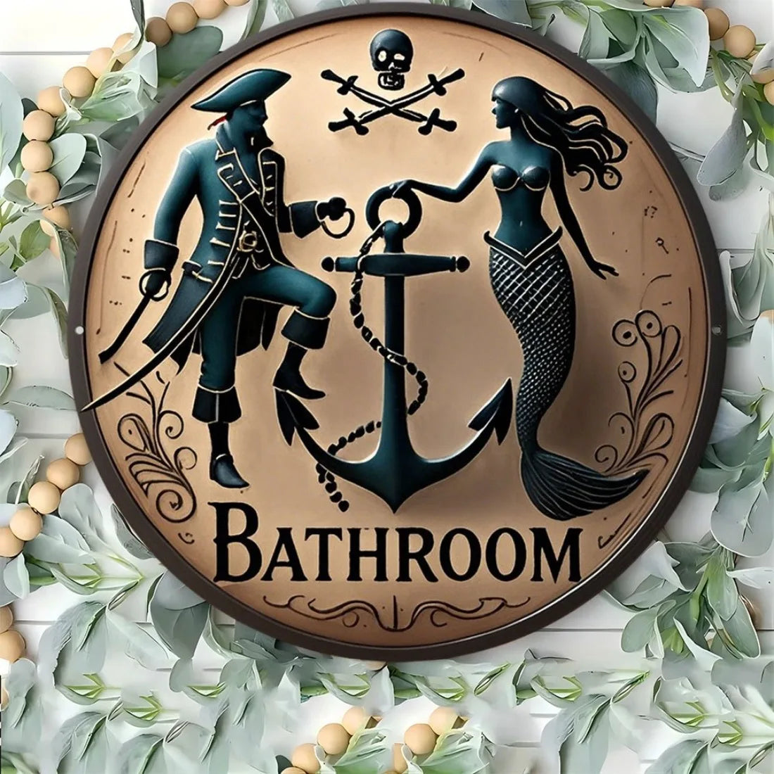Retro Pirate Anchor Round Wall Art, Vintage Mermaid Metal Sign for Bathroom Home Outdoor Decor