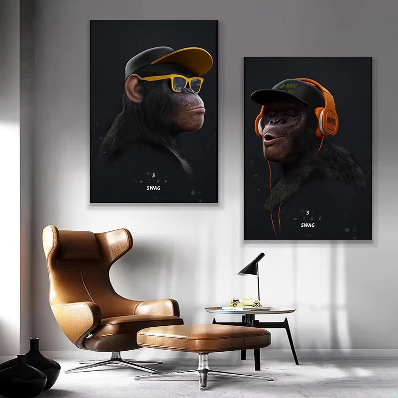 Tres monos con swag, pósteres e impresiones en lienzo, pinturas de moda de monos de hip hop para pared, arte, cuadros de animales, decoración de habitación