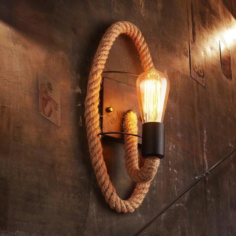 Lámpara de pared Loft retro con cuerda, escalera, pasillo, dormitorio, sala de estar, restaurante, pub, cafetería, aplique de pared redondo