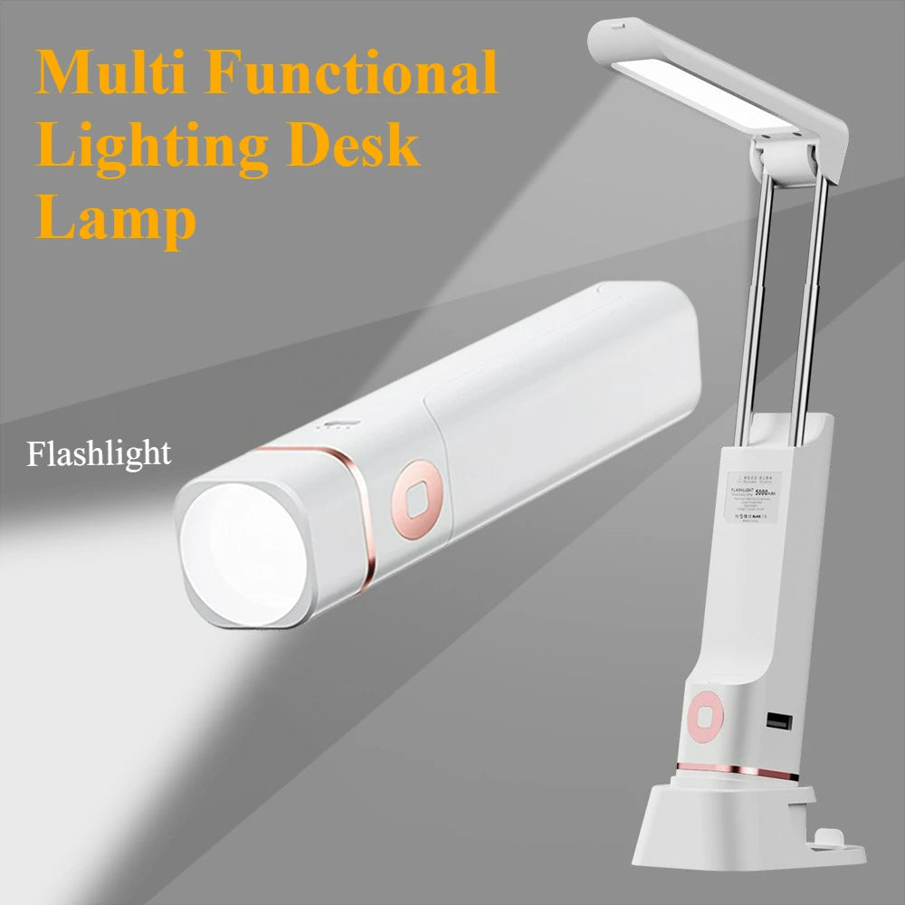 Lámpara de escritorio LED plegable con 3 velocidades de atenuación, protección ocular, carga USB, luz para libros con función de linterna y soporte para teléfono