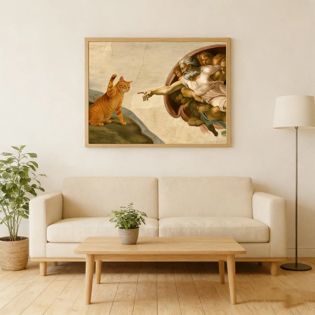 "Décor mural fantaisiste 'La Création d'Adam' avec Chat Orange - Affiche Parodie d'Art Classique pour Salon Éclectique, Originale