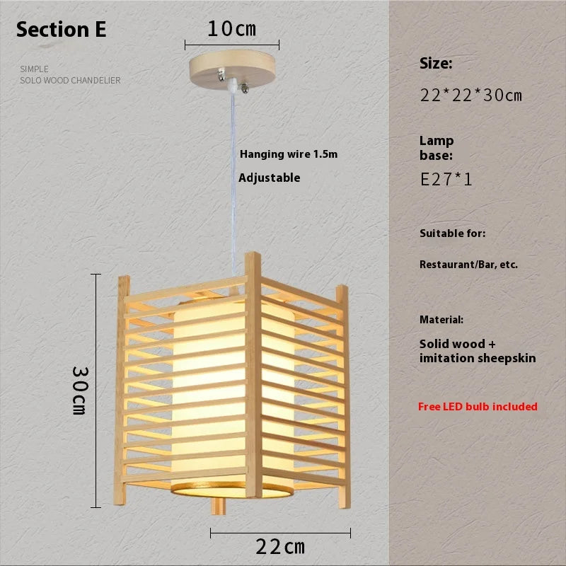 Lámpara Colgante de Madera Maciza para Sala de Estar Comedor Cocina Casa de Huéspedes Estilo Japonés Lámpara de Suspensión Decoración Artística E27