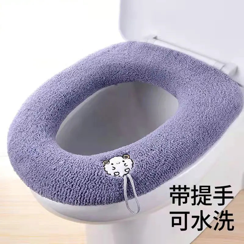 Funda de asiento de inodoro cálida de invierno, alfombrilla de inodoro para baño con asa, cojín grueso suave lavable, accesorios para calentador de inodoro
