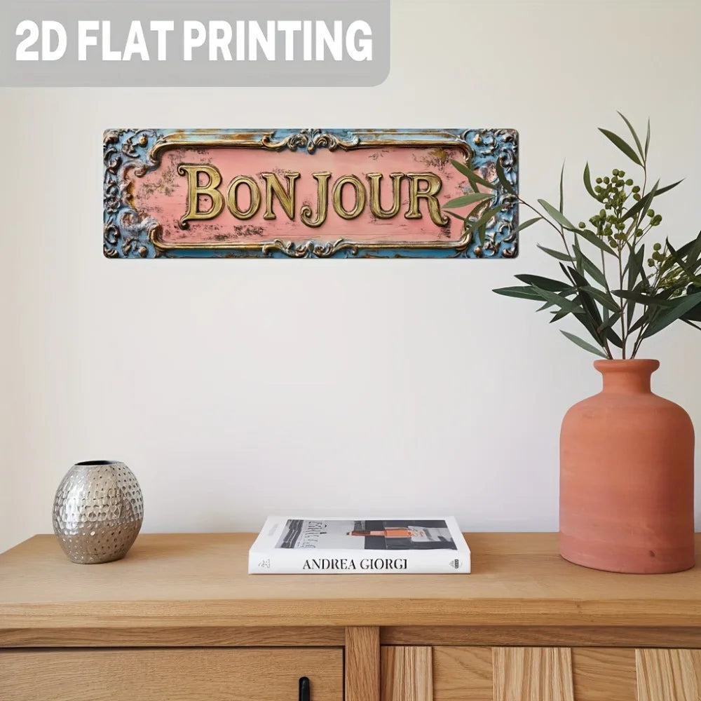 Cartel de madera vintage francés "Bonjour" - Decoración floral parisina para cafetería de 5x16", arte para sala de estar o dormitorio