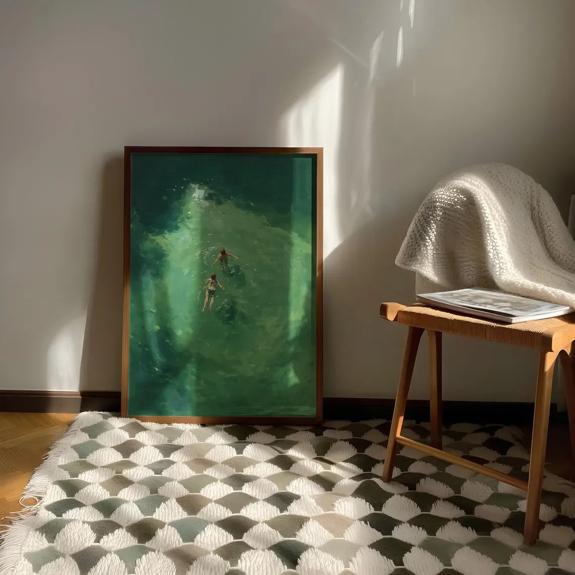 Natation dans un imprimé abstrait vert | Art mural rétro vintage | Décoration de vacances minimaliste verte | Cadeau d'art numérique | Téléchargement instantané