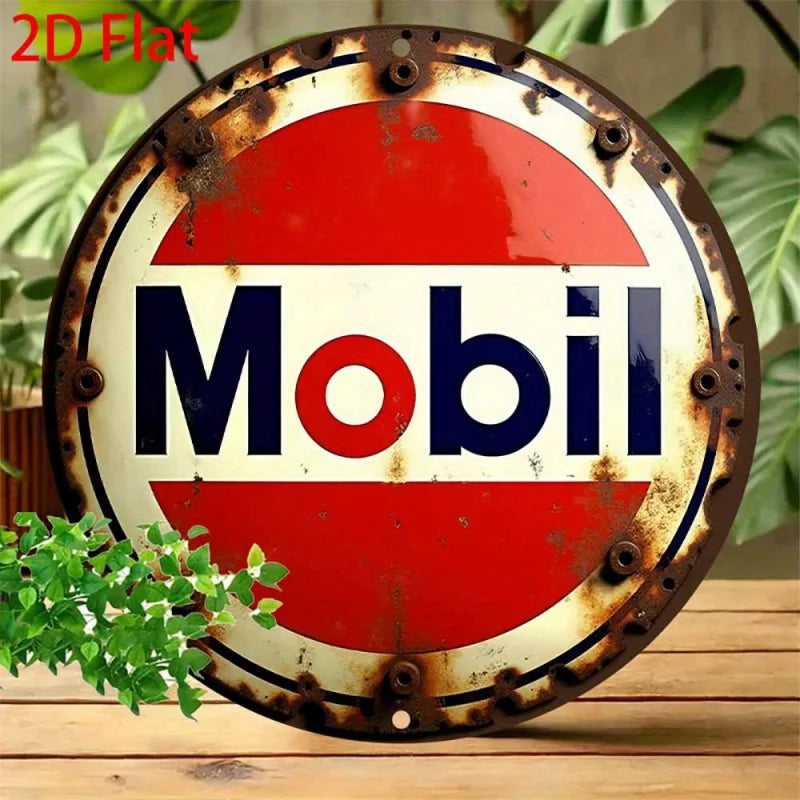 Plaque ronde plate 2D de 20x20 cm - Enseigne vintage en étain aluminium "Mobil" - Décoration murale rustique pour la maison