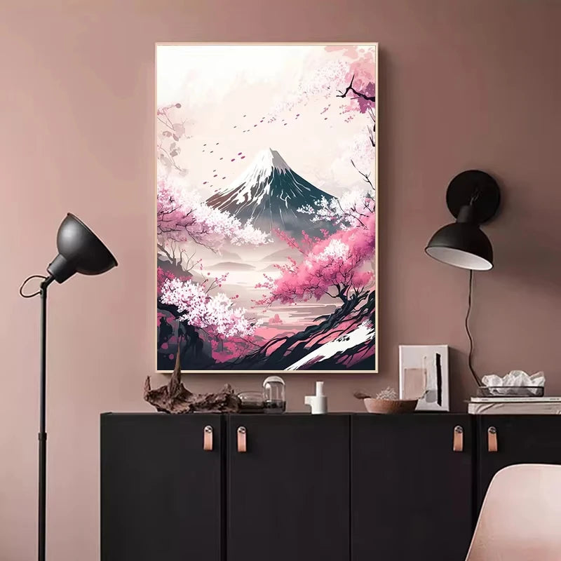 Affiche Scène de Tokyo Coucher de Soleil Mont Fuji Fleur de Cerisier Japonais Toile Imprimée HD Peinture Murale Photos Décoration Maison