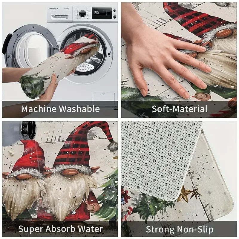 VIKAMA Lot de 2 tapis de Noël Père Noël à barbe blanche Tapis de cuisine Paillasson d'entrée Antidérapant Décoration festive pour la maison