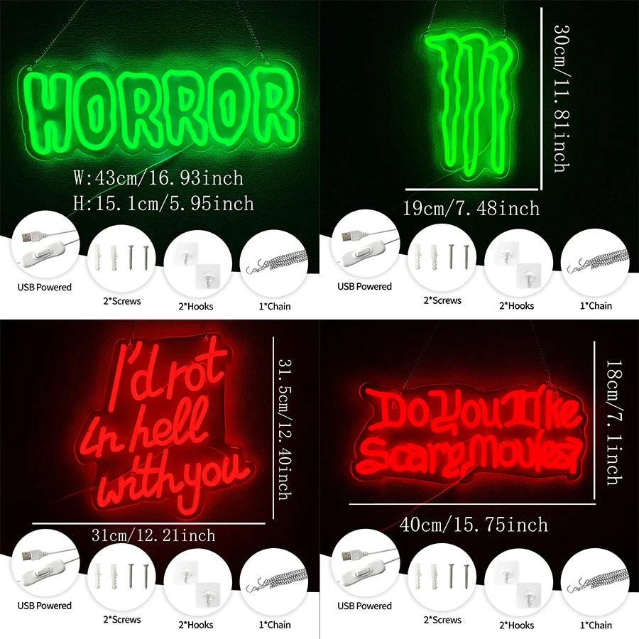 Enseignes néon thème Halloween, icônes de lettres LED, utilisées pour la chambre, le cinéma d'horreur, l'aventure de la maison hantée, la décoration murale de bar, de club.