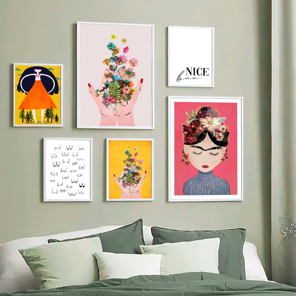 Affiche féministe bohème seins fleurs mains, toile peinture décoration de chambre, œuvre d'art Frida K pour la décoration murale du salon