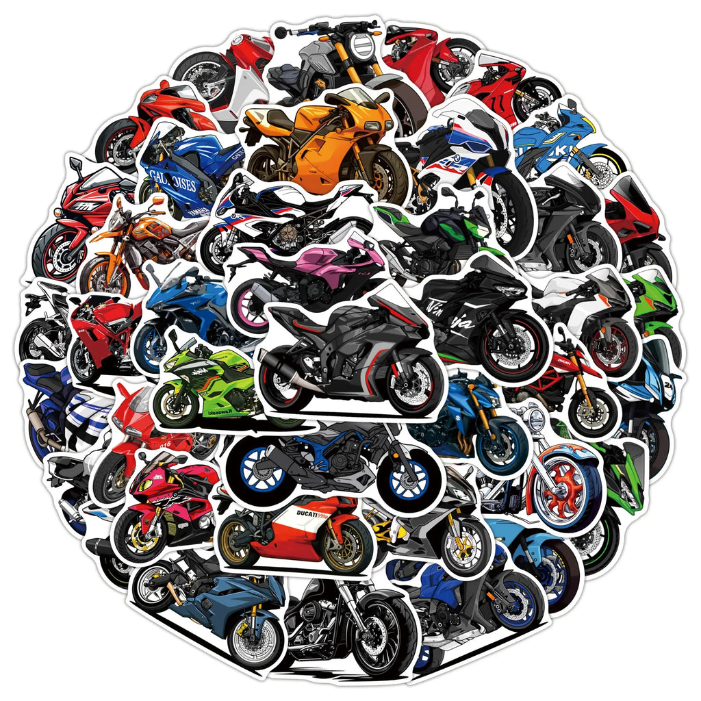 50/100 autocollants de moto de dessin animé Graffiti autocollants décoratifs pour bagages, cahiers, voiture, papeterie imperméable