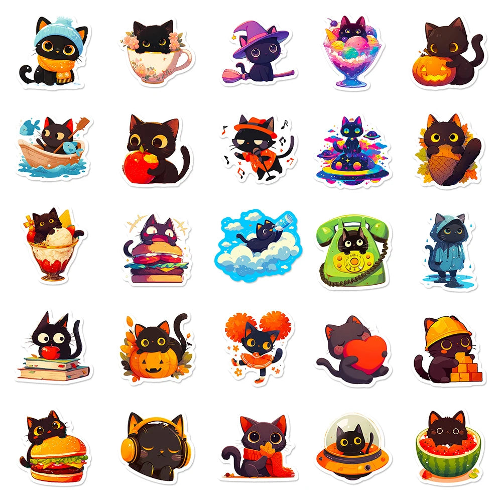 10/30/50pcs Mignon Chat Noir Graffiti Autocollants Esthétiques Décalcomanies Réfrigérateur Ordinateur Portable Téléphone Drôle Papeterie Autocollant Jouets pour Enfants