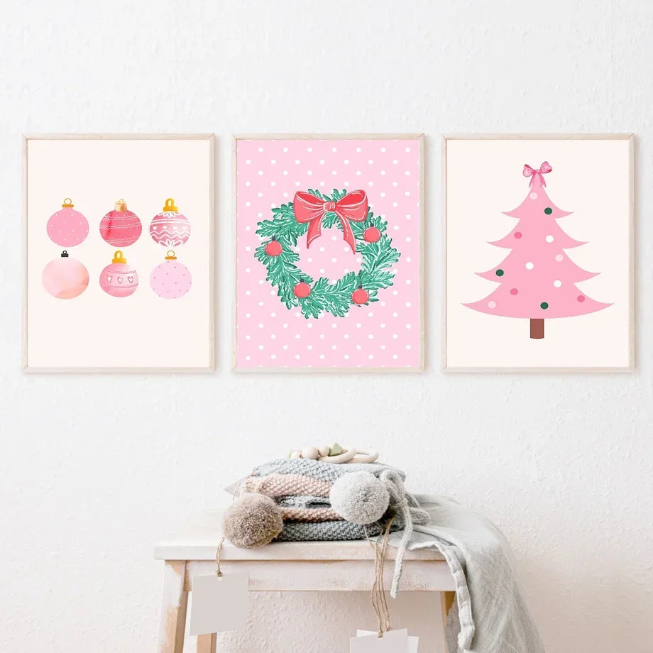 Art mural moderne simple, sapin de Noël rose, Père Noël, impression sur toile HD, affiche pour la maison, le salon, la chambre à coucher