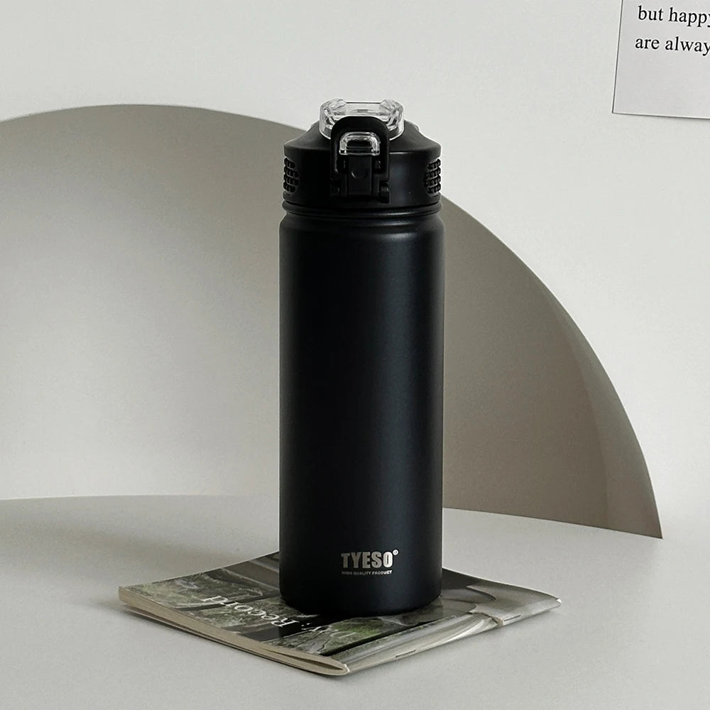 Botella de agua termo TYESO de 600 ml/750 ml con pajita, taza térmica deportiva de acero inoxidable para coche, mantiene el frío y el calor, taza de viaje térmica