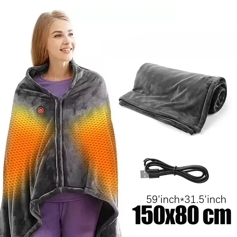 Couverture Chauffante Portable Châle Électrique 3 Niveaux de Chaleur Couverture Plaid 5V USB Velours Corail 8 Zones de Chauffe Chauffage Rapide