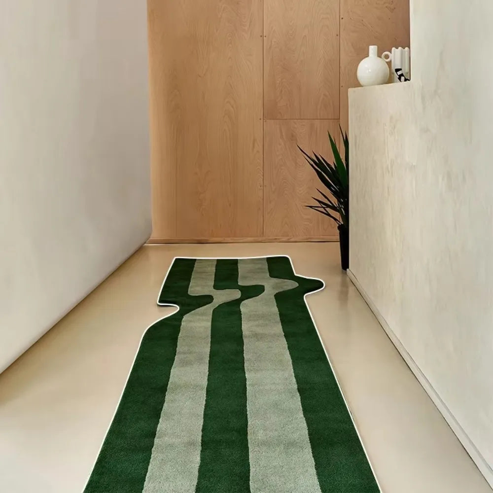 Alfombra a Rayas Onduladas Verde Oscuro VIKAMA, Antideslizante para Cabecera de Dormitorio, Estilo Nórdico, Alfombra de Suelo para Sala de Estar, Dormitorio, Decoración del Hogar