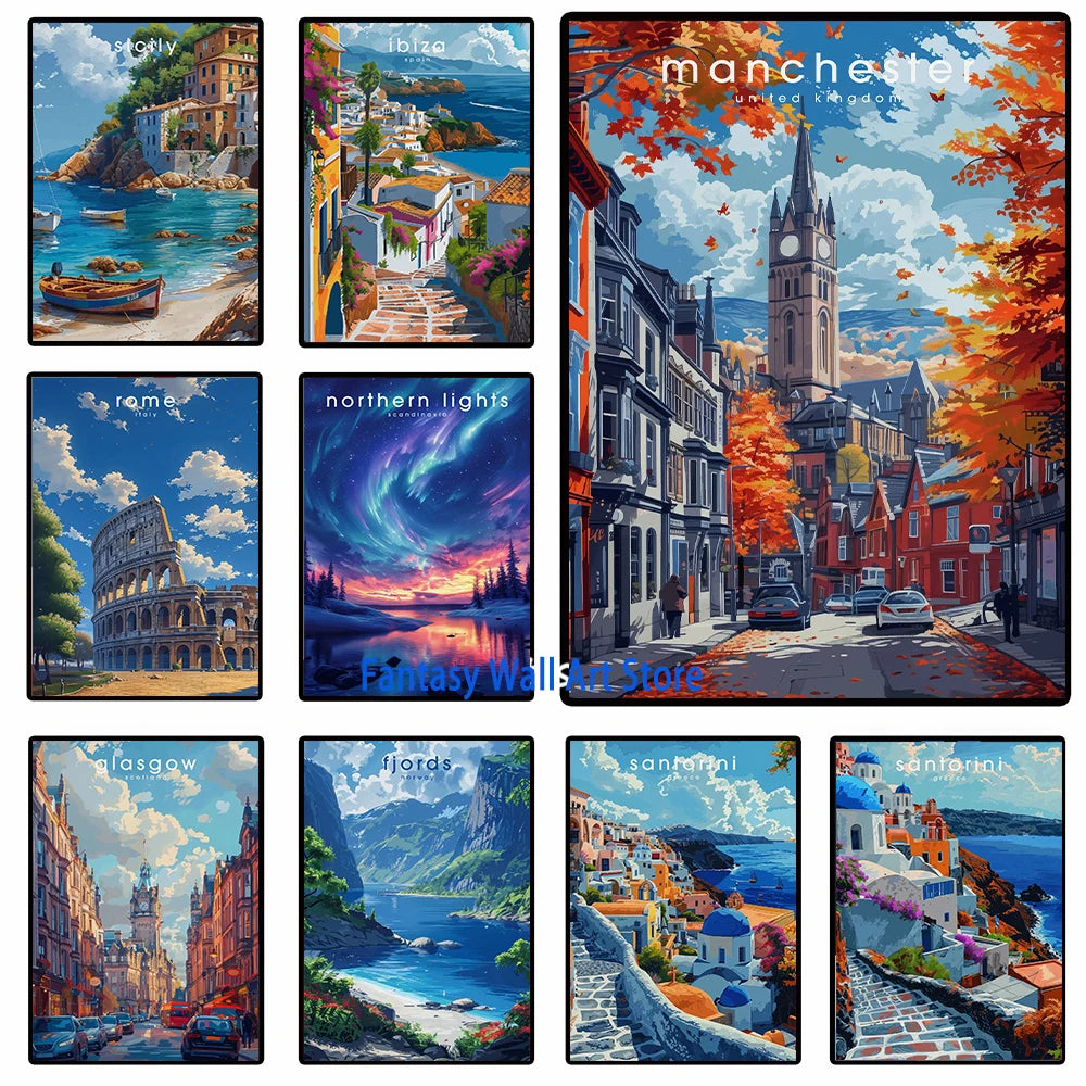 Póster de viaje por Europa, paisaje natural europeo, pintura en lienzo, fiordos, auroras boreales, Cornualles, decoración de pared de viaje