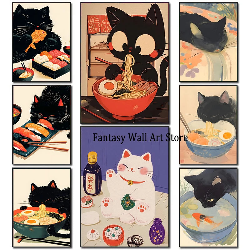 Póster Vintage Japonés Gato Comiendo Ramen Sushi Maneki Neko Arte de Pared de Cocina Gato Japonés Neko Decoración de Pared Lienzo Pintura Restaurante