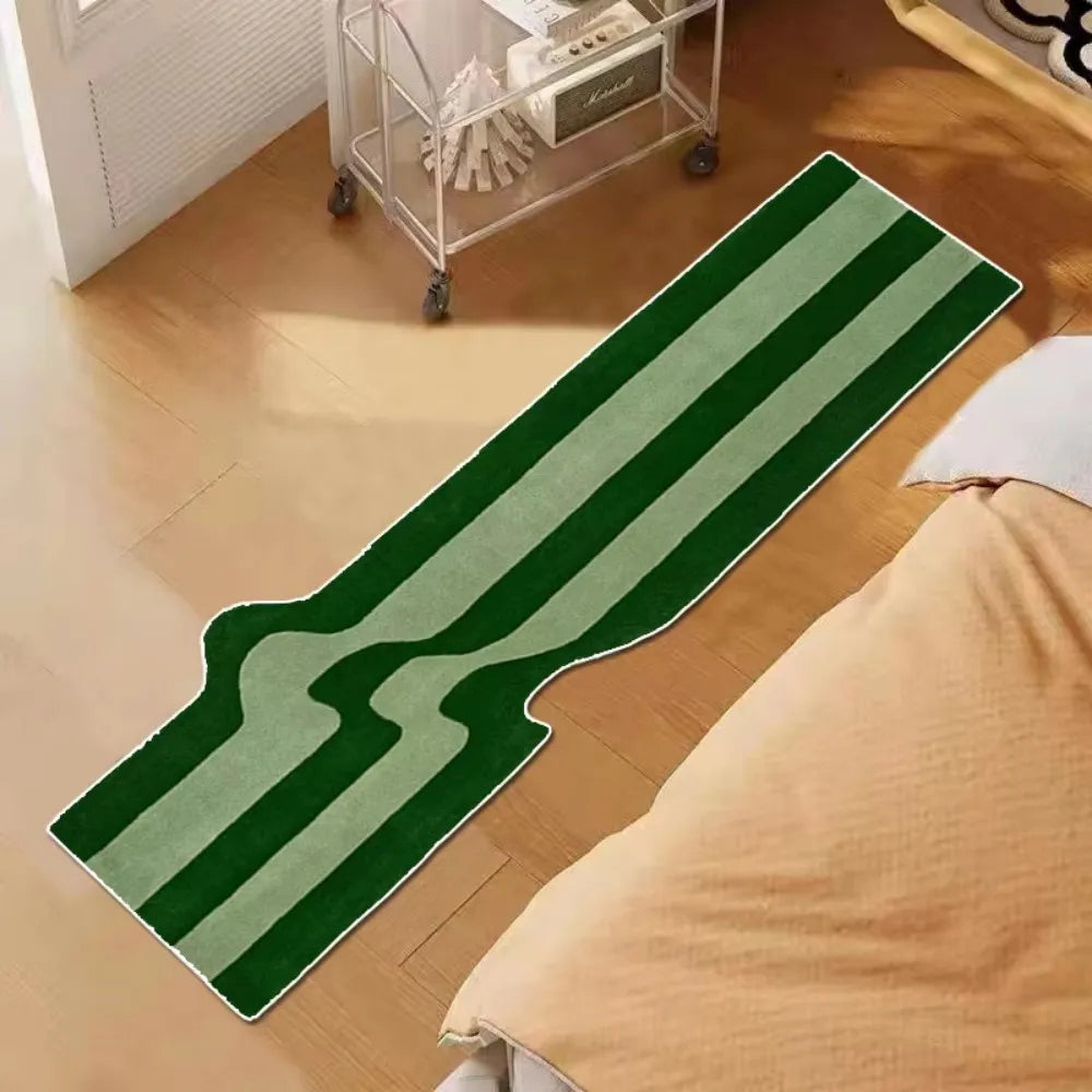 Alfombra a Rayas Onduladas Verde Oscuro VIKAMA, Antideslizante para Cabecera de Dormitorio, Estilo Nórdico, Alfombra de Suelo para Sala de Estar, Dormitorio, Decoración del Hogar