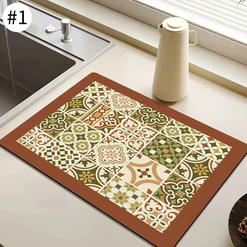 VIKAMA Mantel Individual Súper Absorbente de Mármol Negro para Secar Platos, Alfombrilla Antideslizante para Botellas de Cocina, Vajilla de Lujo para Tetera, Bar, Mostrador
