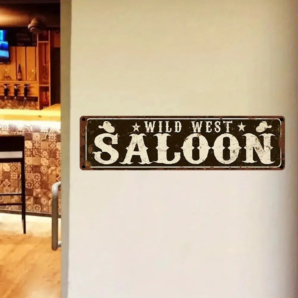 Letrero de metal vintage "Wild West Saloon" - 40x10 cm, decoración rústica de estrellas de vaquero, arte de bar para interiores y exteriores