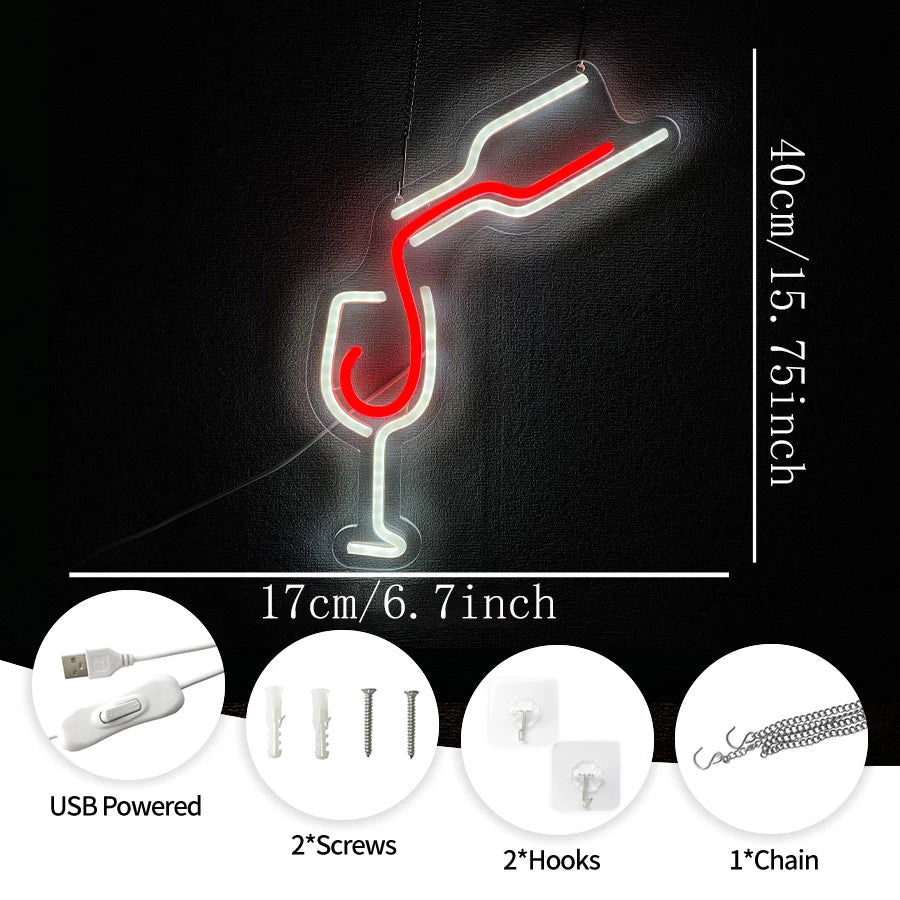 Enseigne néon LED Verre à vin rouge, icône de verseur faite à la main, alimentée par USB, adaptée aux restaurants, clubs, réunions de famille, décoration de bar