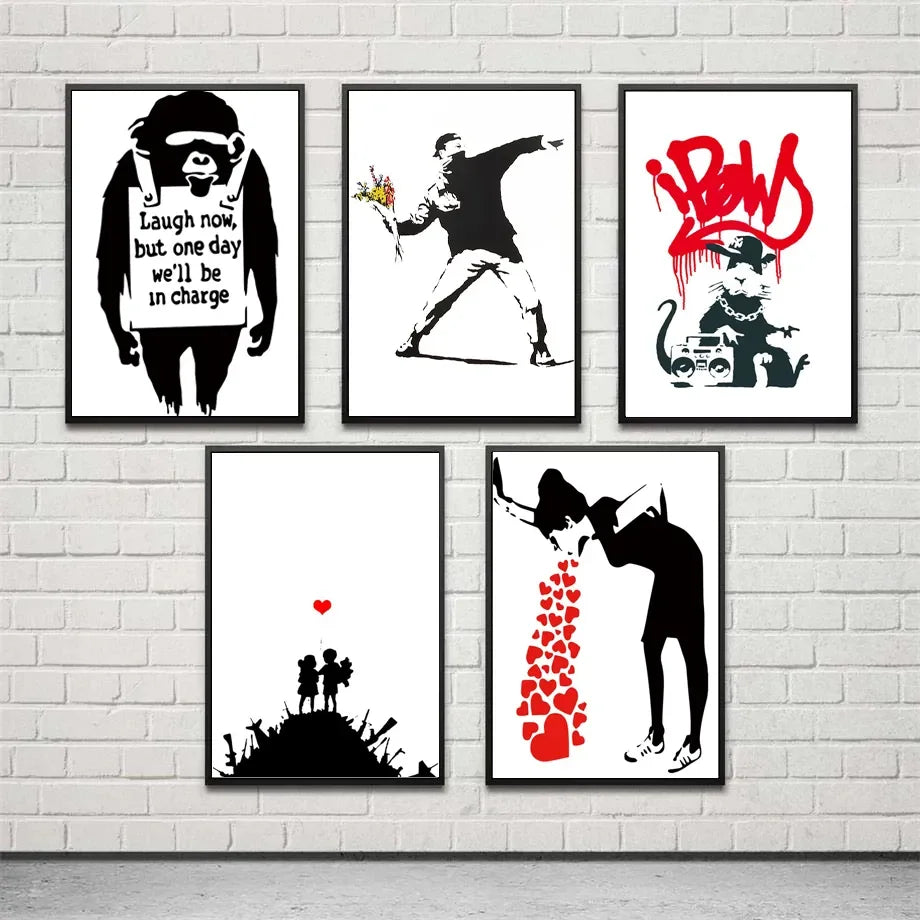 Niña y Globo Rojo Arte de Banksy Pintura en Lienzo con Caracteres Nórdicos Mural Póster para Sala de Estar Dormitorio Bar Decoración del Hogar