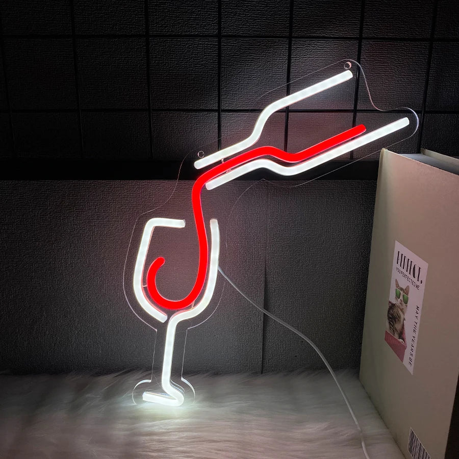 Enseigne néon LED Verre à vin rouge, icône de verseur faite à la main, alimentée par USB, adaptée aux restaurants, clubs, réunions de famille, décoration de bar