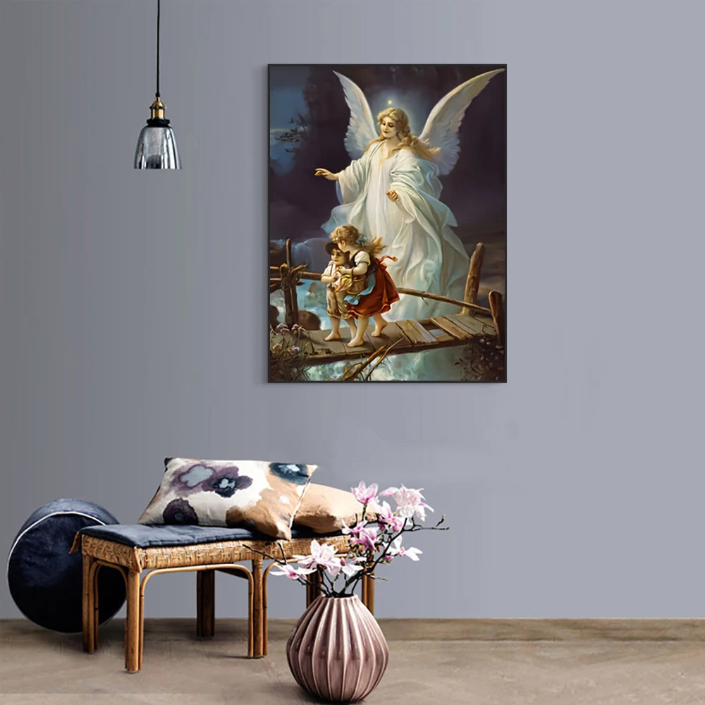 Classic Vintage Wall Art Guardian Angel Hanging Painting Religious HD Canvas Print Poster Home Living Room Bedroom Decoration