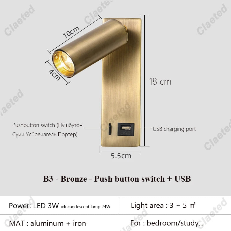 Nouvelle Applique Murale LED avec Interrupteur, en Laiton Noir, Lampe de Lecture Murale Créative avec Port USB et Spot de 3W pour Chambre à Coucher, Chevet