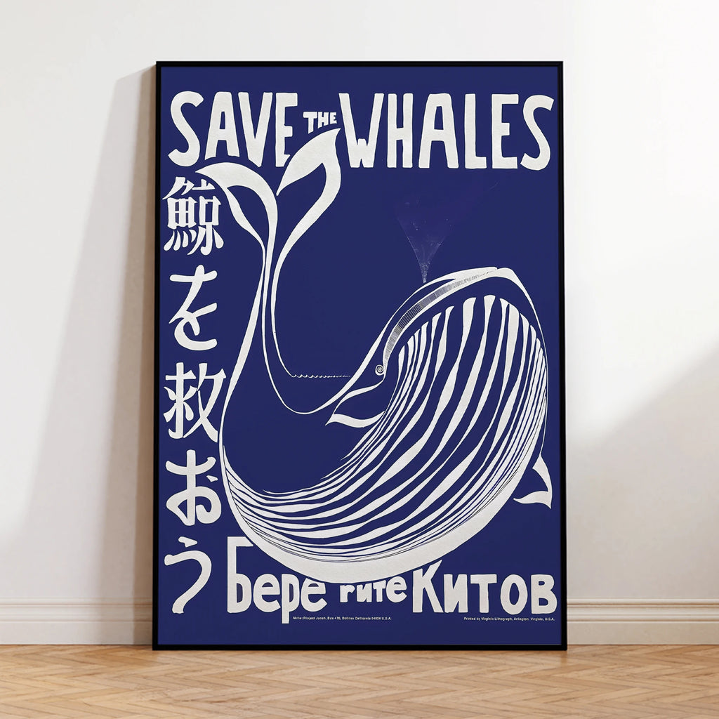 Póster de arte de pared moderno japonés retro azul Salva a las ballenas, impresiones en lienzo, cuadro para sala de estar, decoración del hogar