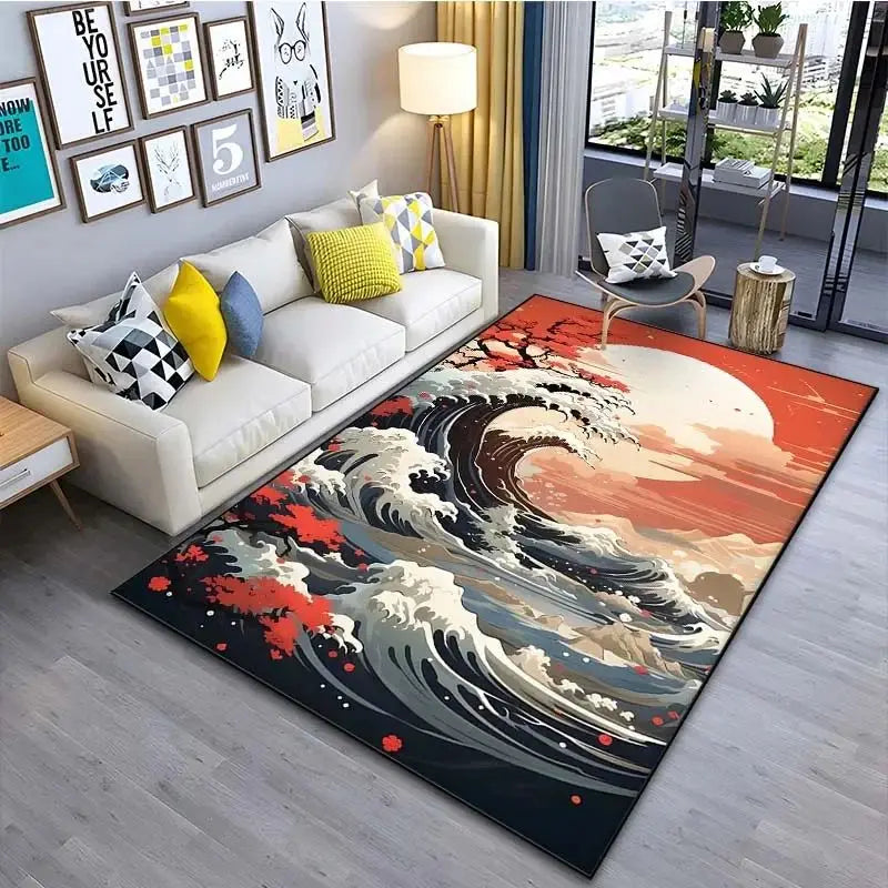 VIKAMA Alfombra de estilo japonés Ukiyo-e para vestíbulo, alfombrilla para balcón, cocina, sala de estar, dormitorio con motivo de la Gran Ola de Kanagawa