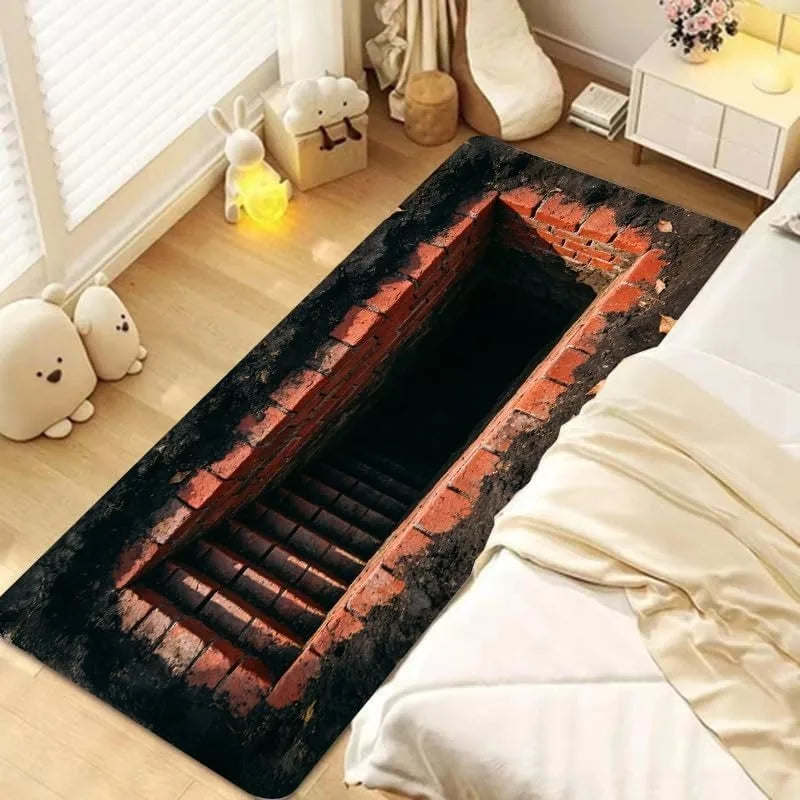 Tapis de couloir 3D Illusion d'optique escalier en pierre Étang Tapis de sol amusant avec trou Décoration d'intérieur antidérapant Tapis doux pour couloir salon