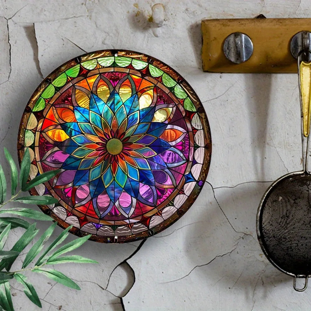 Pancarte Ronde en Aluminium Mandala 8" - Décoration Murale Résistante aux UV et Imperméable, Art Nouveau pour Salon et Patio