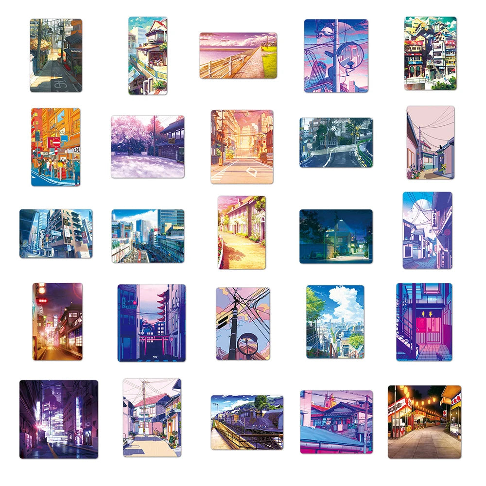 10/30/50pcs Pegatinas de Anime Dibujos Animados Vista Urbana Paisaje Calcomanía Estética Álbum de Recortes Teléfono Diario Laptop Pegatina Impermeable Juguete para Niños