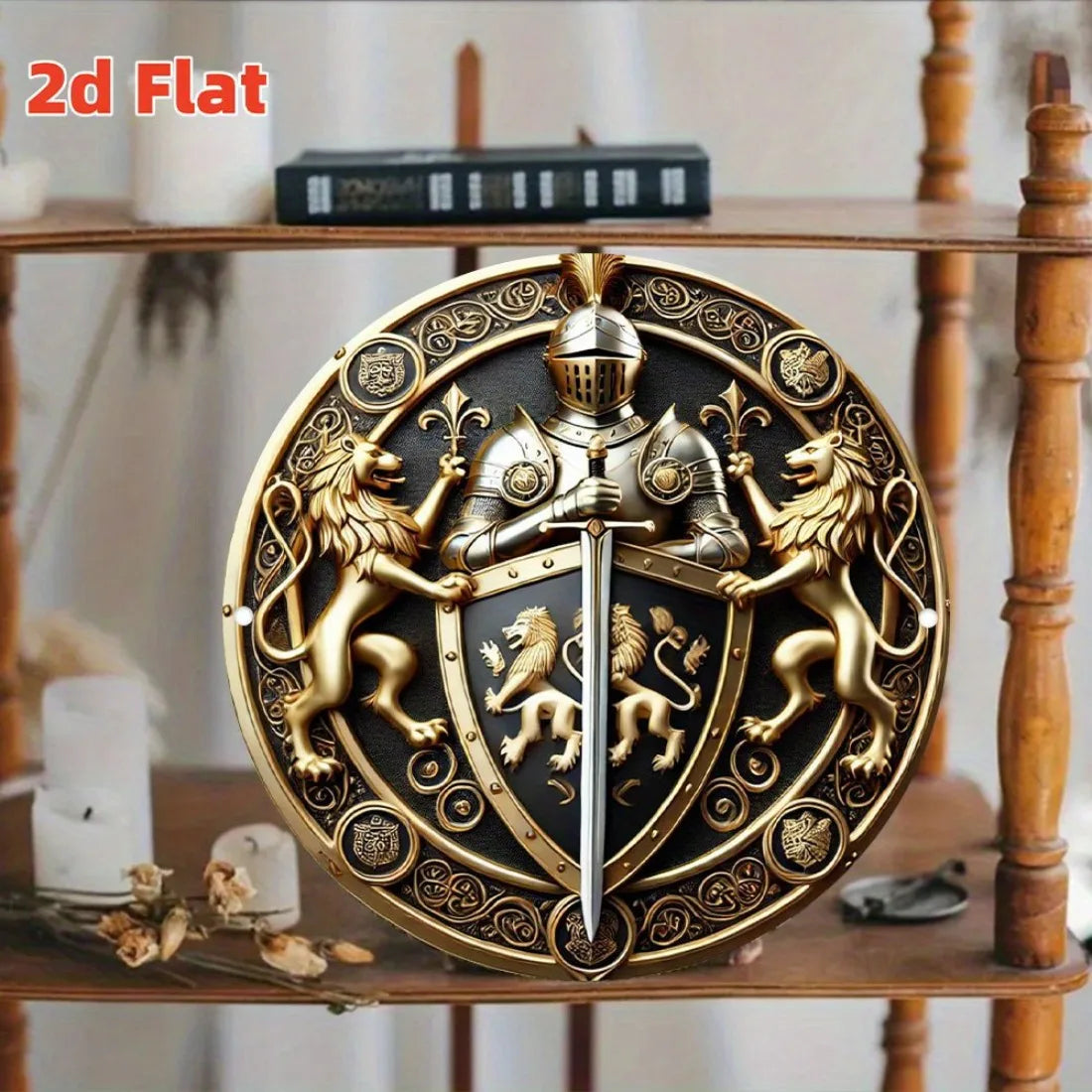 Arte de pared vintage redondo de metal con emblema de caballero y león guardián, letrero de aluminio/estaño para decoración de hogar, bar, café